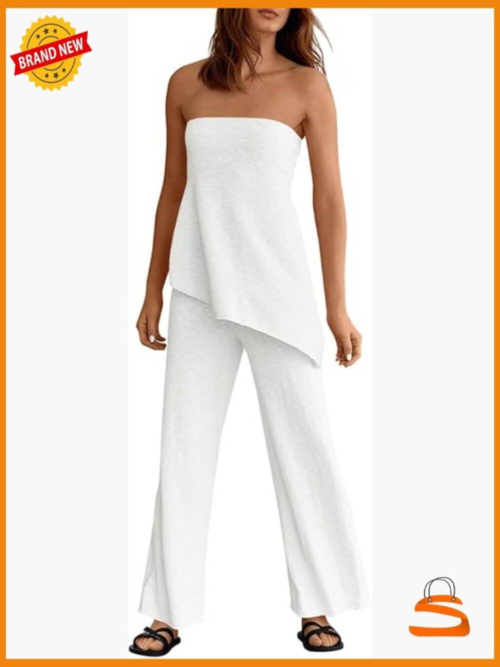 2 Piece Matching Lounge Set Asymmetrical Tube Top Wide Leg Pants Knit Vacation